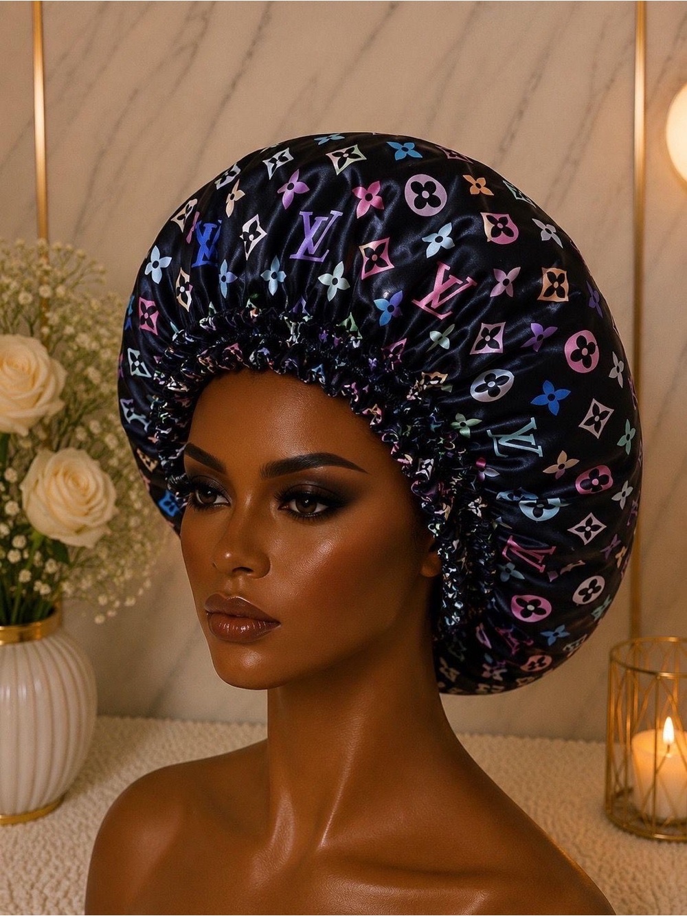 Luxury Black Satin Bonnet with Multicolor Monogram Print